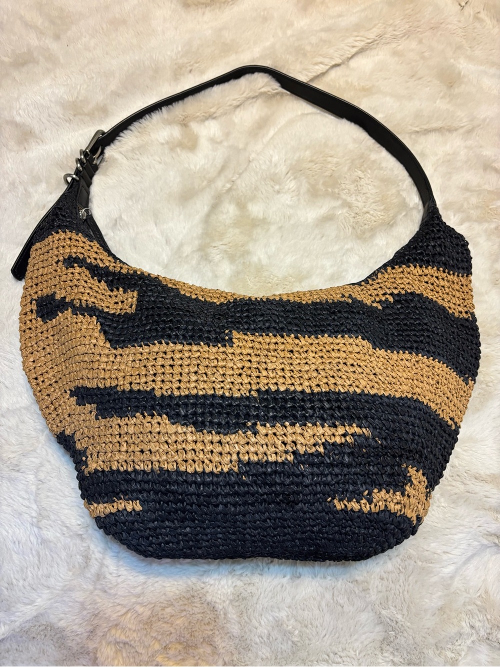 Free People Santorini Straw Tote Bag Black Tan Raffia Leather Hobo - Picture 4 of 9